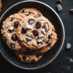 A plate of chewy chocolate chip oatmeal cookies with golden-brown edges and gooey chocolate chips.