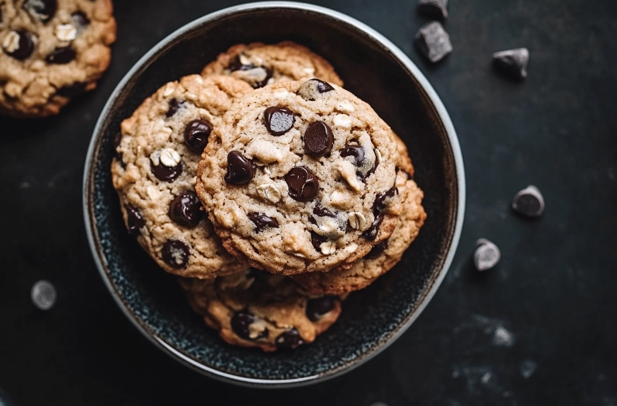 A plate of chewy chocolate chip oatmeal cookies with golden-brown edges and gooey chocolate chips.