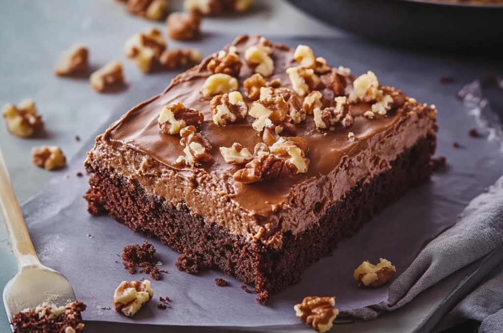 A slice of moist Texas Sheet Cake topped with rich chocolate icing and chopped walnuts.