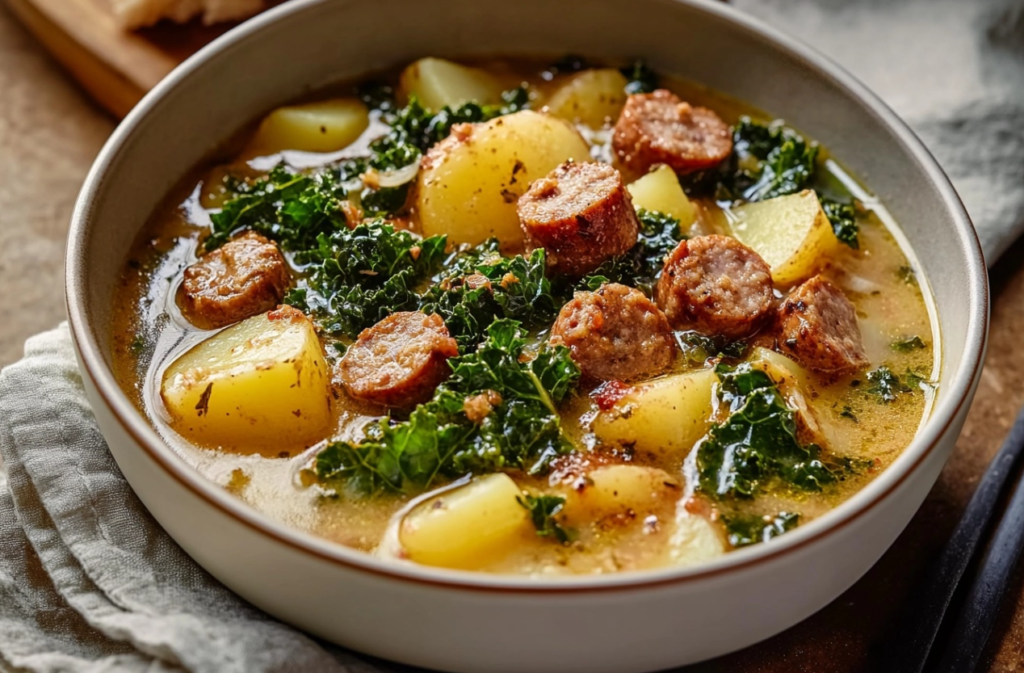 A bowl of hearty Sausage, Potato, and Kale Soup with chunks of sausage and tender potatoes, garnished with fresh kale.