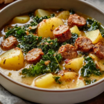 A bowl of hearty Sausage, Potato, and Kale Soup with chunks of sausage and tender potatoes, garnished with fresh kale.