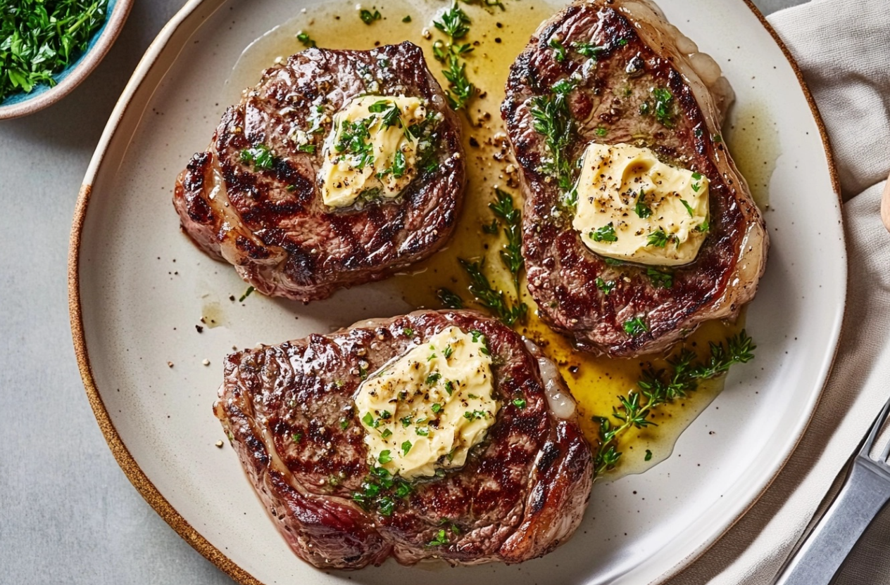 Juicy sirloin steak topped with rich garlic butter, served on a plate with fresh herbs.