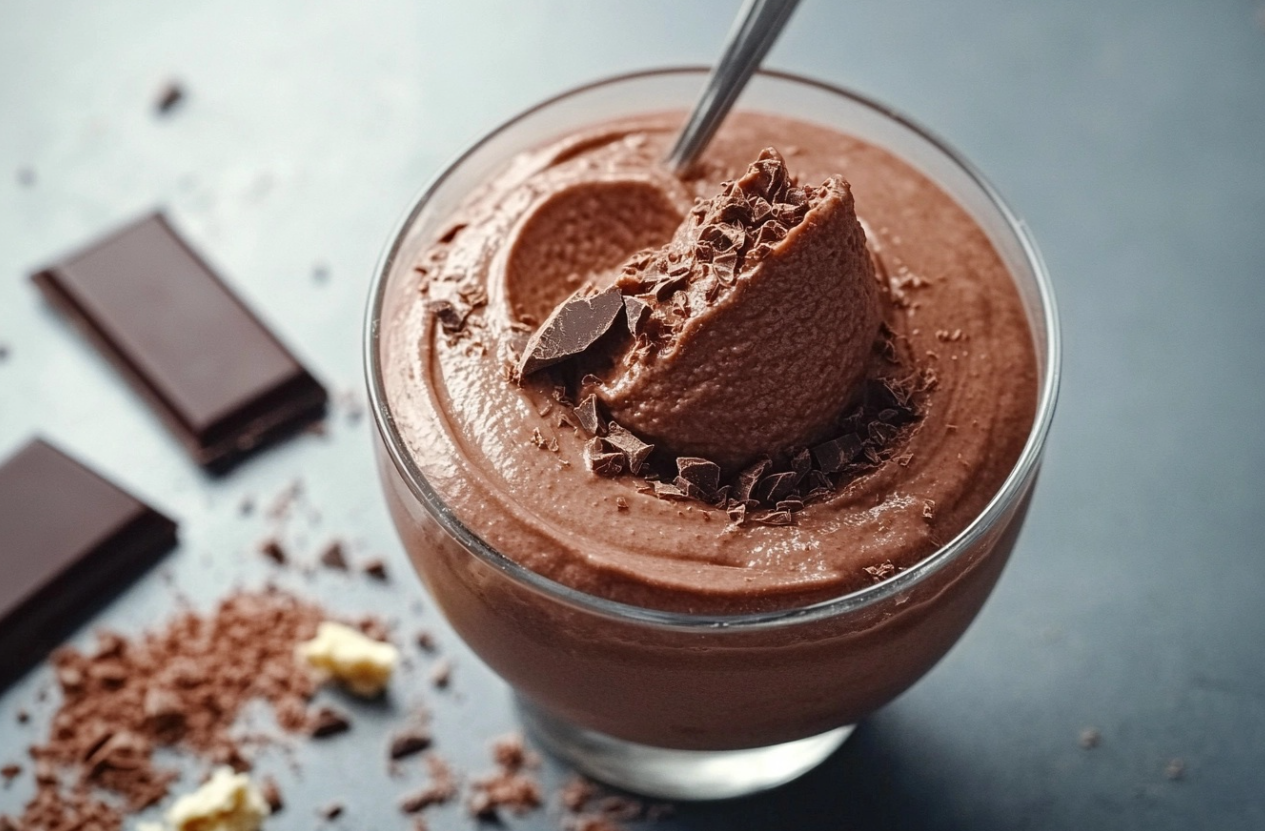 A bowl of rich and creamy quick keto chocolate mousse topped with dark chocolate shavings.