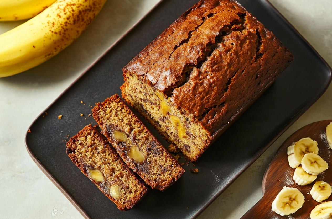 A slice of Janet's Rich Banana Bread with walnuts and bananas on a wooden cutting board.