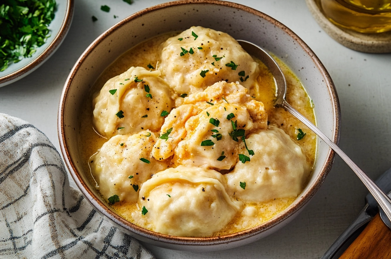 A bowl of slow cooker chicken and dumplings with tender chicken and fluffy dumplings in a creamy broth.