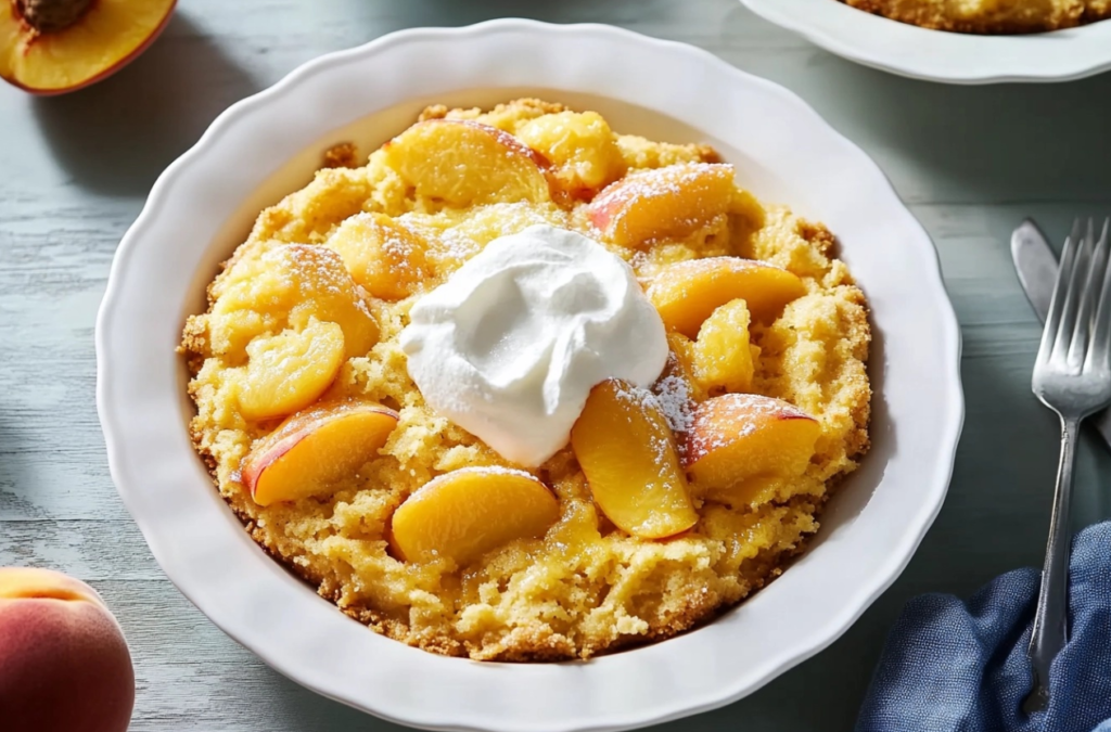 A delicious peach dump cake with a golden, crispy topping served in a baking dish.