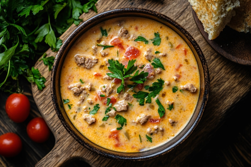 A bowl of creamy cheeseburger soup filled with ground beef, potatoes, and melted cheddar cheese.