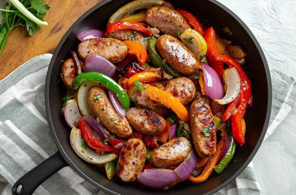 Colorful Italian sausage, peppers, and onions in a skillet, ready to serve.