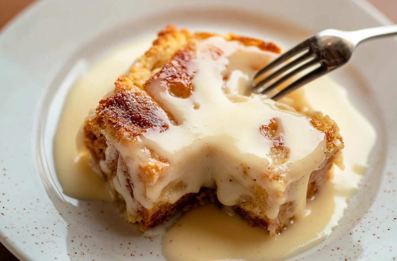 A slice of delicious bread pudding topped with creamy vanilla sauce, served on a plate.