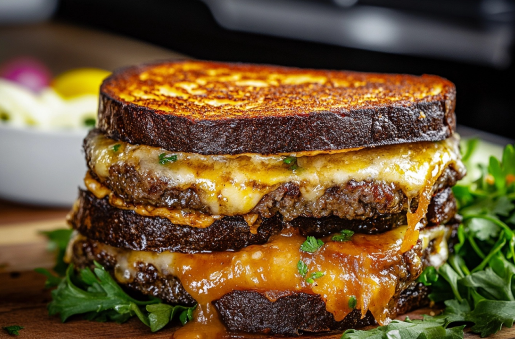 Juicy patty melt with melted cheese and secret sauce on toasted rye bread"