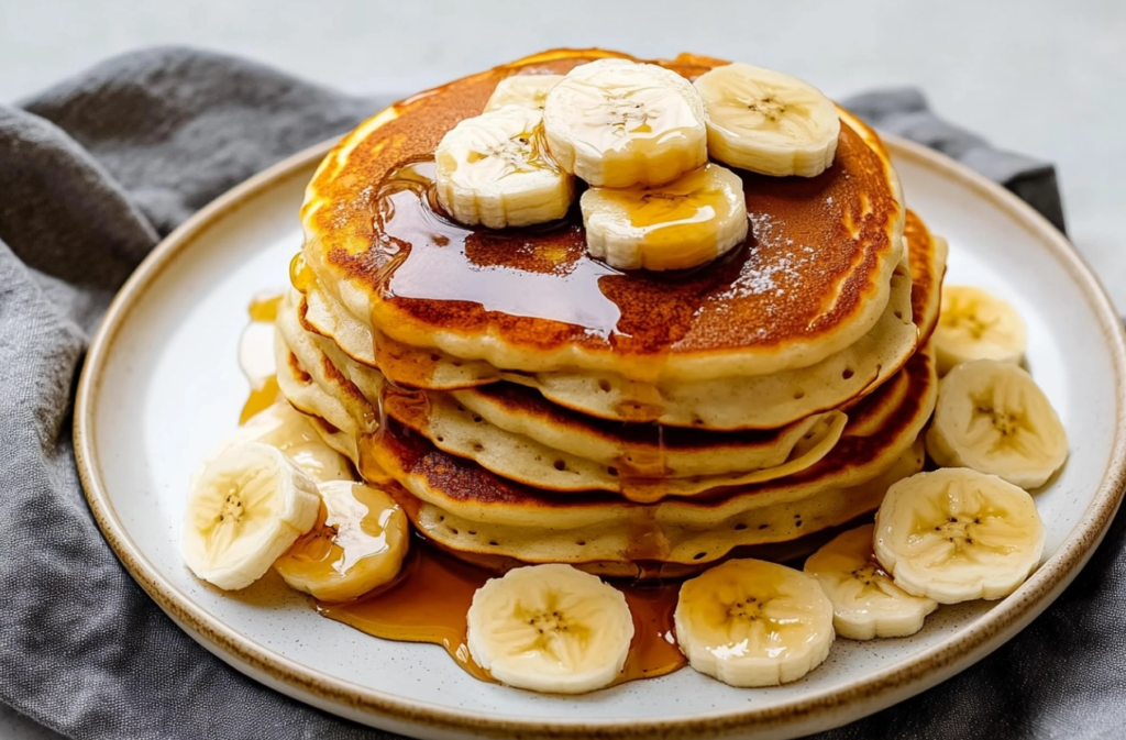 A stack of fluffy banana pancakes topped with sliced bananas and maple syrup.