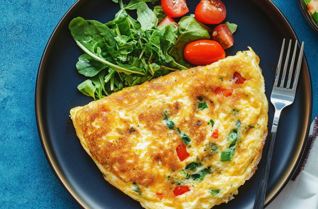 Fluffy soufflé omelet with golden edges and a cheesy center, served on a white plate.