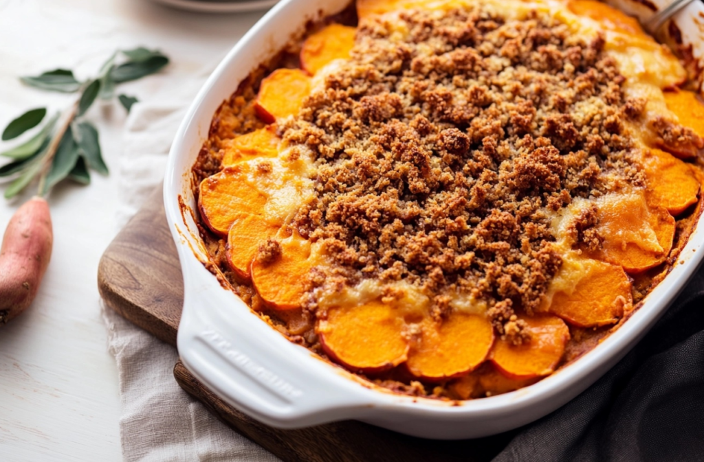 Sweet potato casserole topped with pecans in a white baking dish