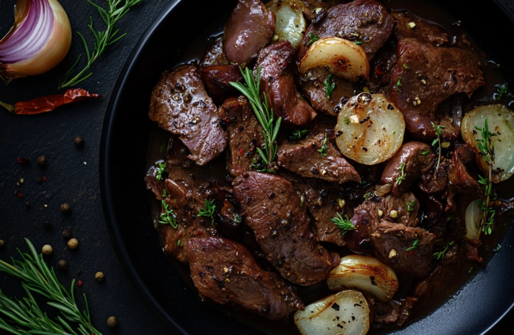 Classic liver and onions dish with caramelized onions and tender liver slices