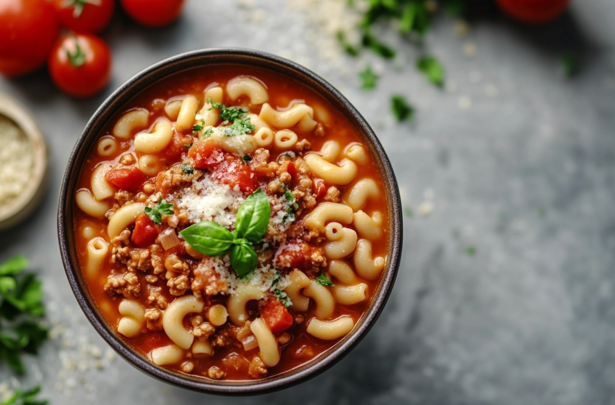 A bowl of hearty Pasta e Fagioli with beans, pasta, and rich tomato broth, garnished with fresh herbs.