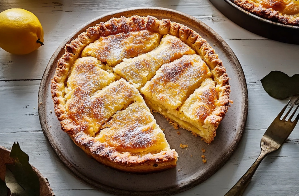 A slice of homemade Gooey Butter Cake with a golden crust and creamy, gooey filling.