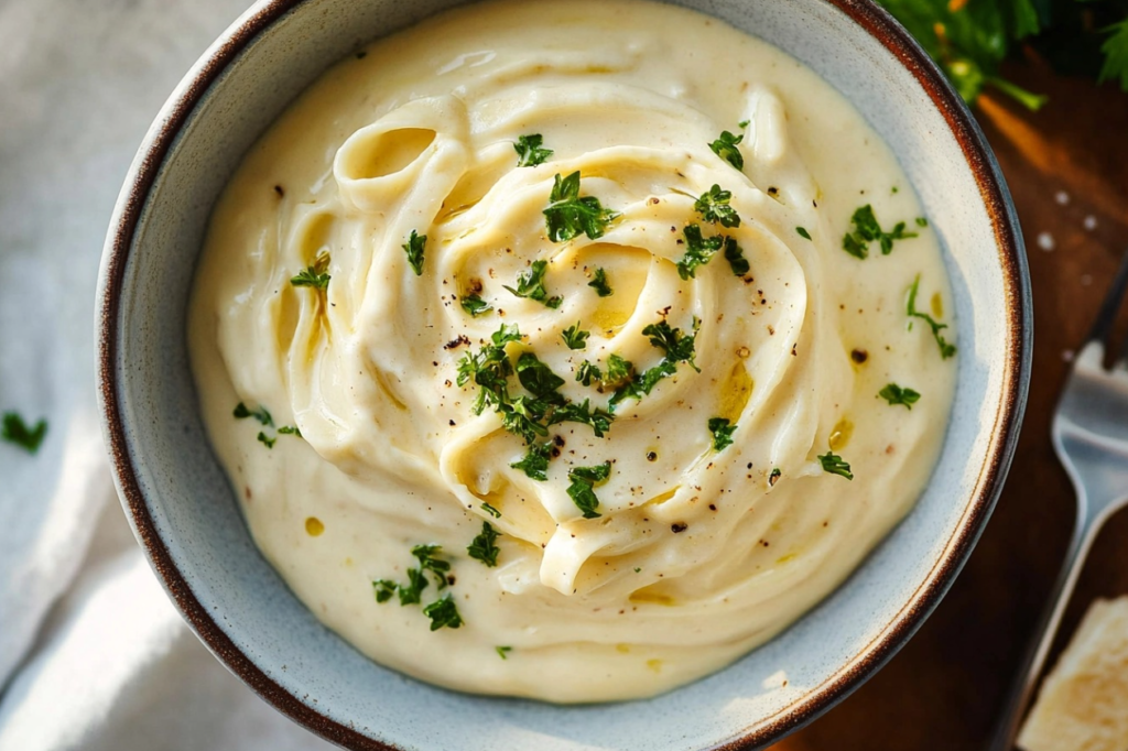 Bowl of creamy homemade Alfredo sauce with fresh parsley garnish.