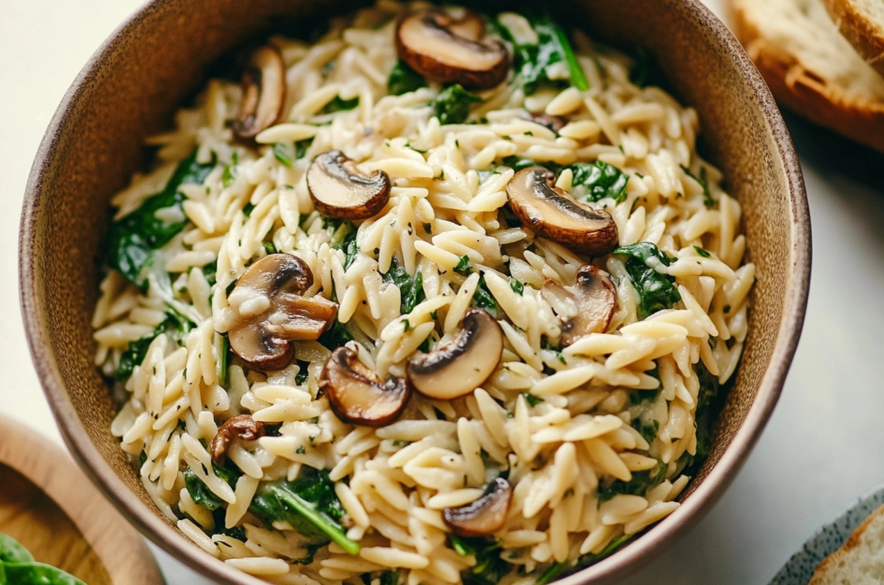 Freshly cooked Spinach Mushroom Orzo in a skillet, garnished with grated Parmesan and fresh basil