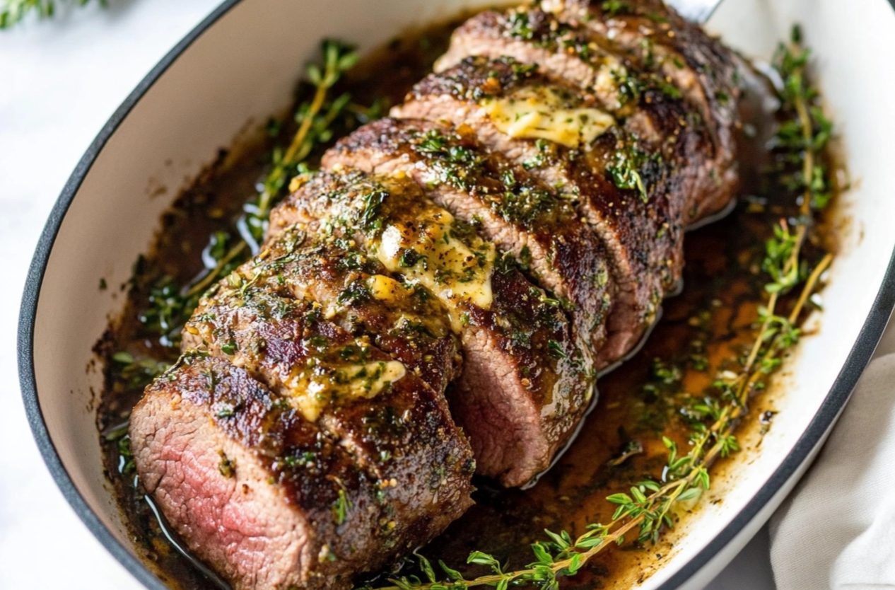 Juicy and perfectly cooked Million Dollar Roast Beef Tenderloin served on a platter with fresh rosemary garnish.