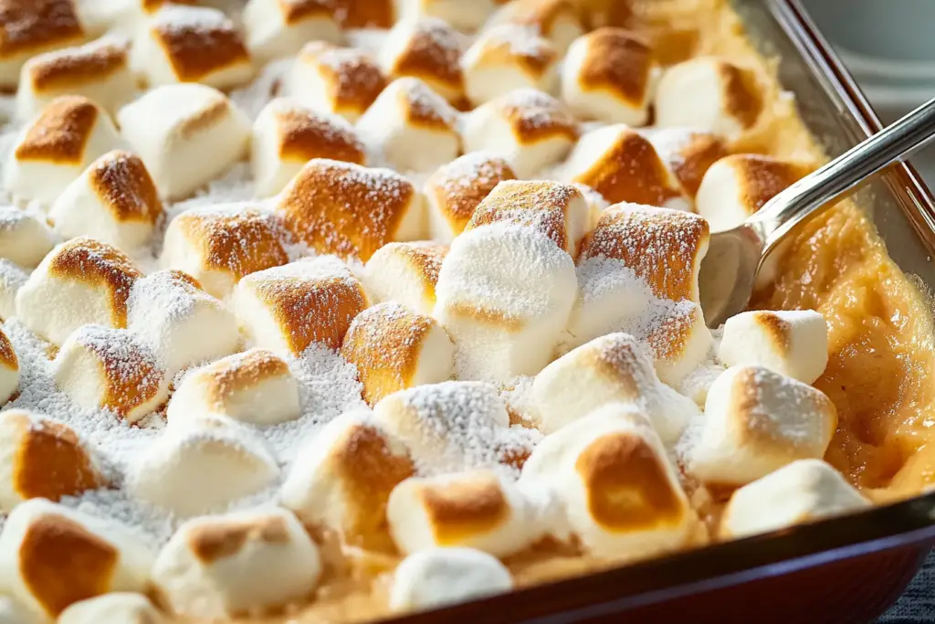 Baked candied sweet potatoes with golden brown toasted marshmallows on top