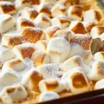 Baked candied sweet potatoes with golden brown toasted marshmallows on top