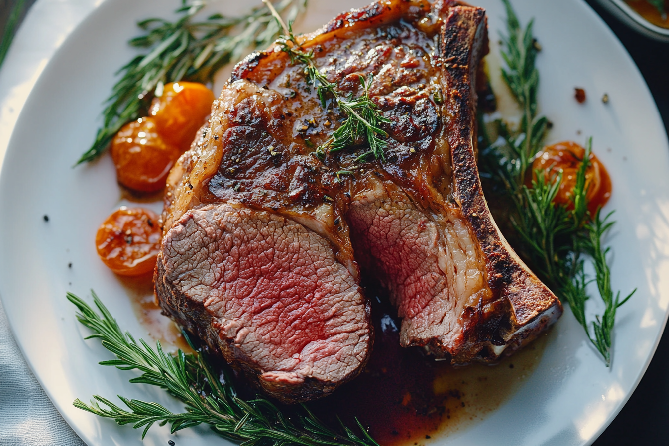 Perfectly roasted Christmas prime rib with au jus and horseradish sauce