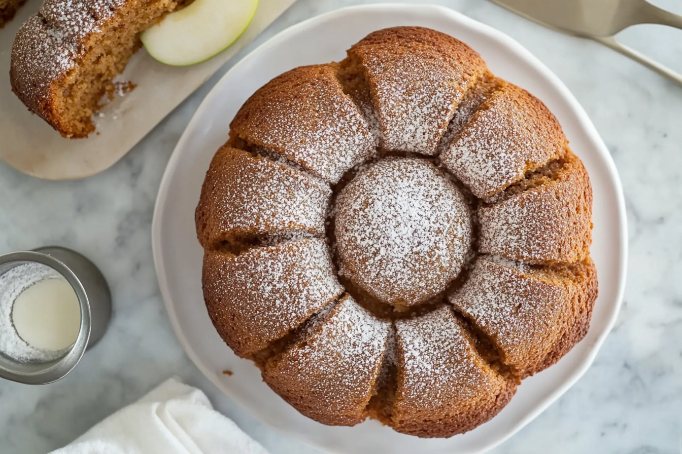 Apple Cider Donut Cake topped with cinnamon sugar, served on a plate with a slice removed to show the fluffy texture