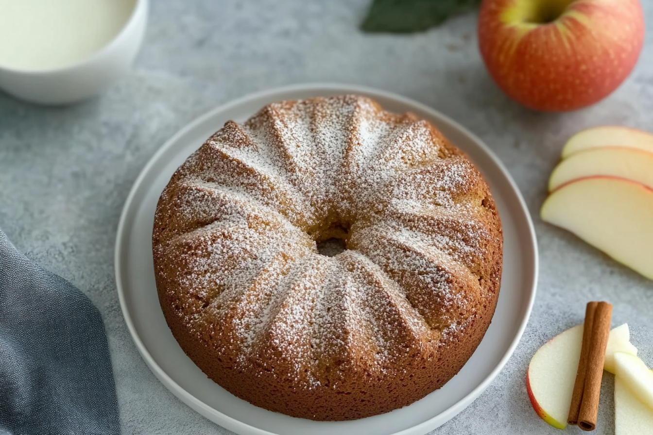 Apple Cider Donut Cake topped with cinnamon sugar, served on a plate with a slice removed to show the fluffy texture