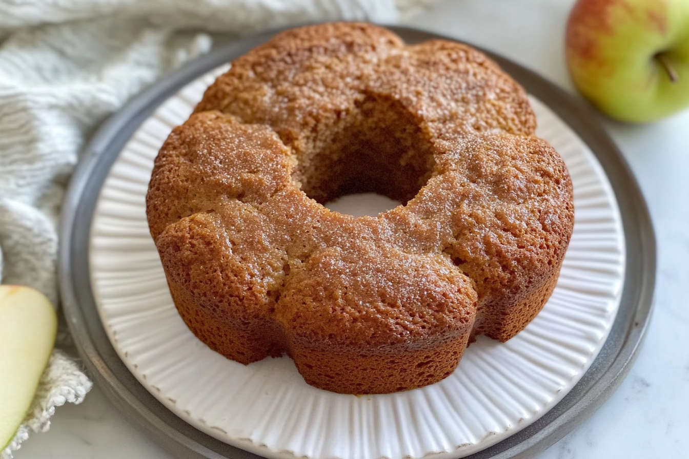 Apple Cider Donut Cake topped with cinnamon sugar, served on a plate with a slice removed to show the fluffy texture