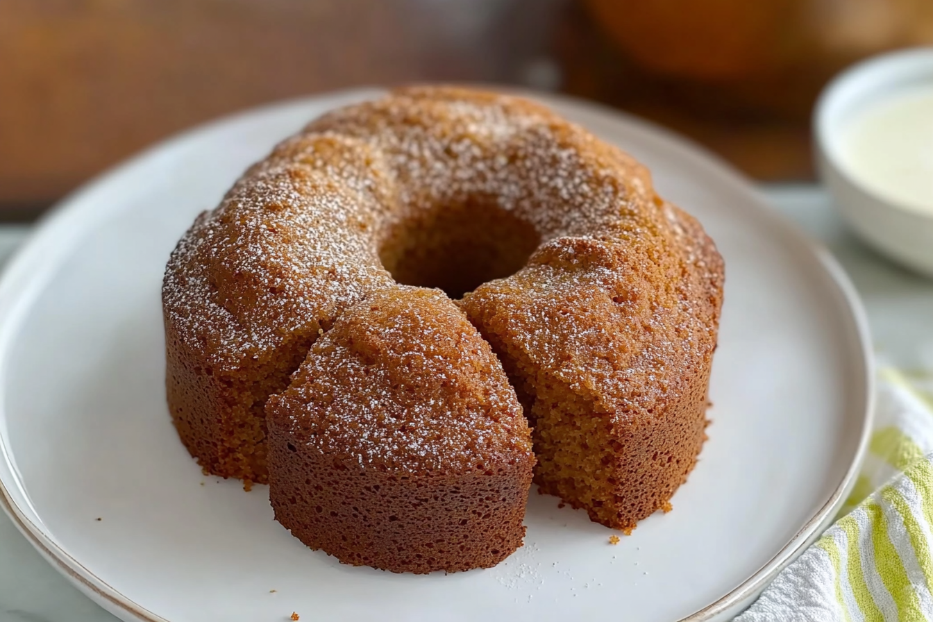 Apple Cider Donut Cake topped with cinnamon sugar, served on a plate with a slice removed to show the fluffy texture