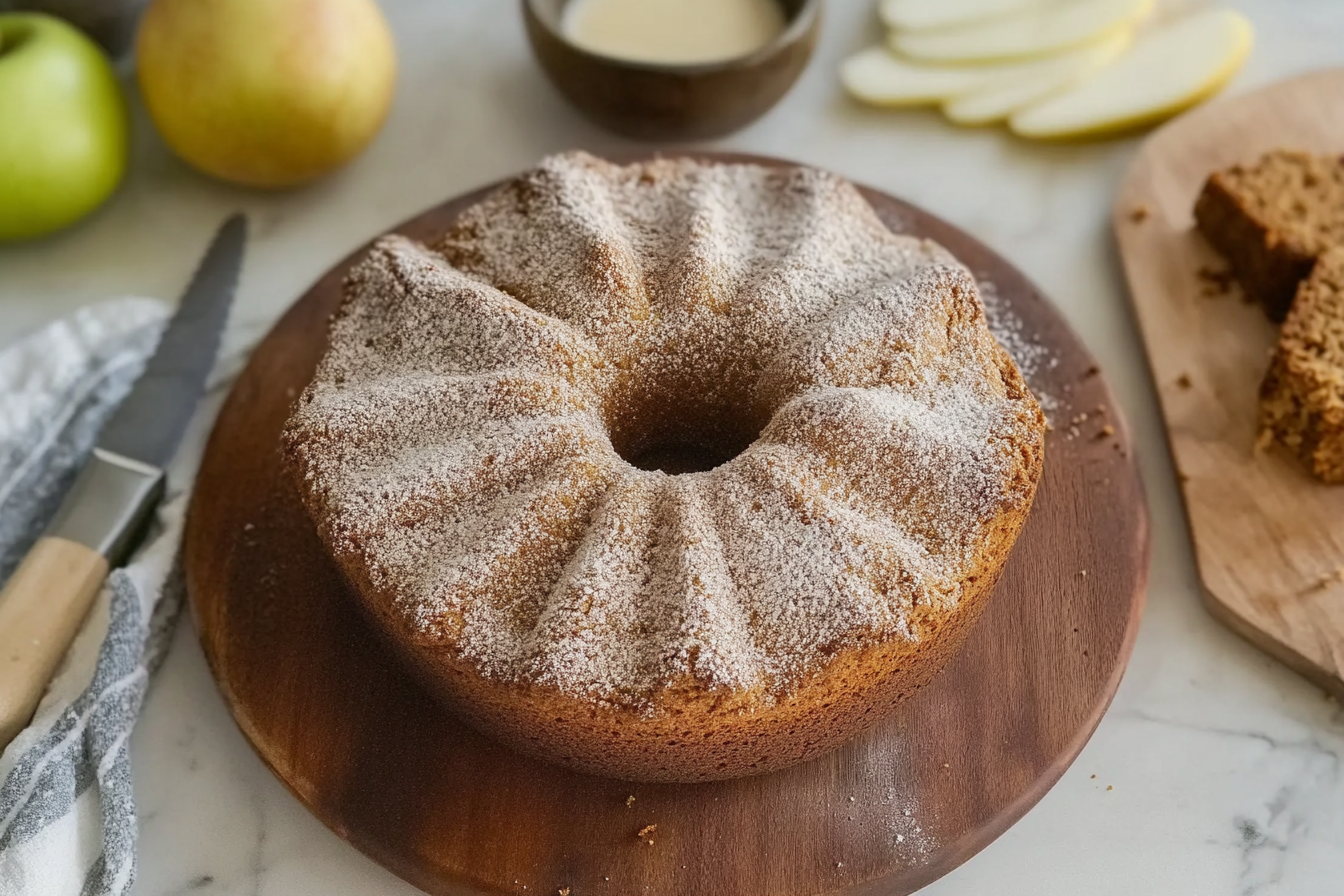 Apple Cider Donut Cake topped with cinnamon sugar, served on a plate with a slice removed to show the fluffy texture