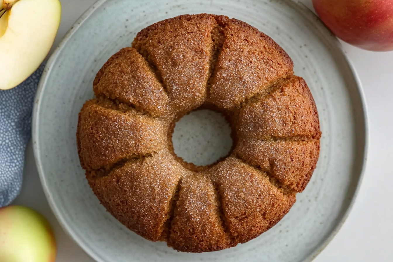 Apple Cider Donut Cake topped with cinnamon sugar, served on a plate with a slice removed to show the fluffy texture