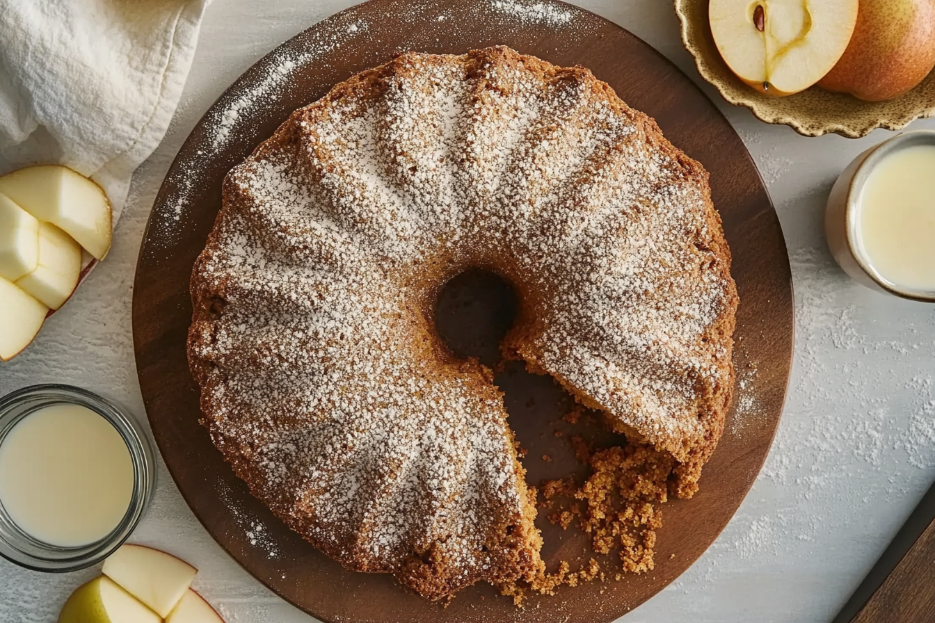 Apple Cider Donut Cake topped with cinnamon sugar, served on a plate with a slice removed to show the fluffy texture