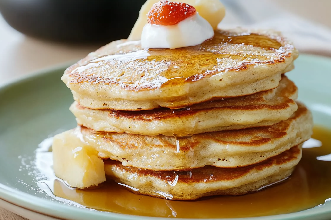 Fluffy Oatmeal Egg Pancakes served with fresh fruit and syrup for a healthy breakfast