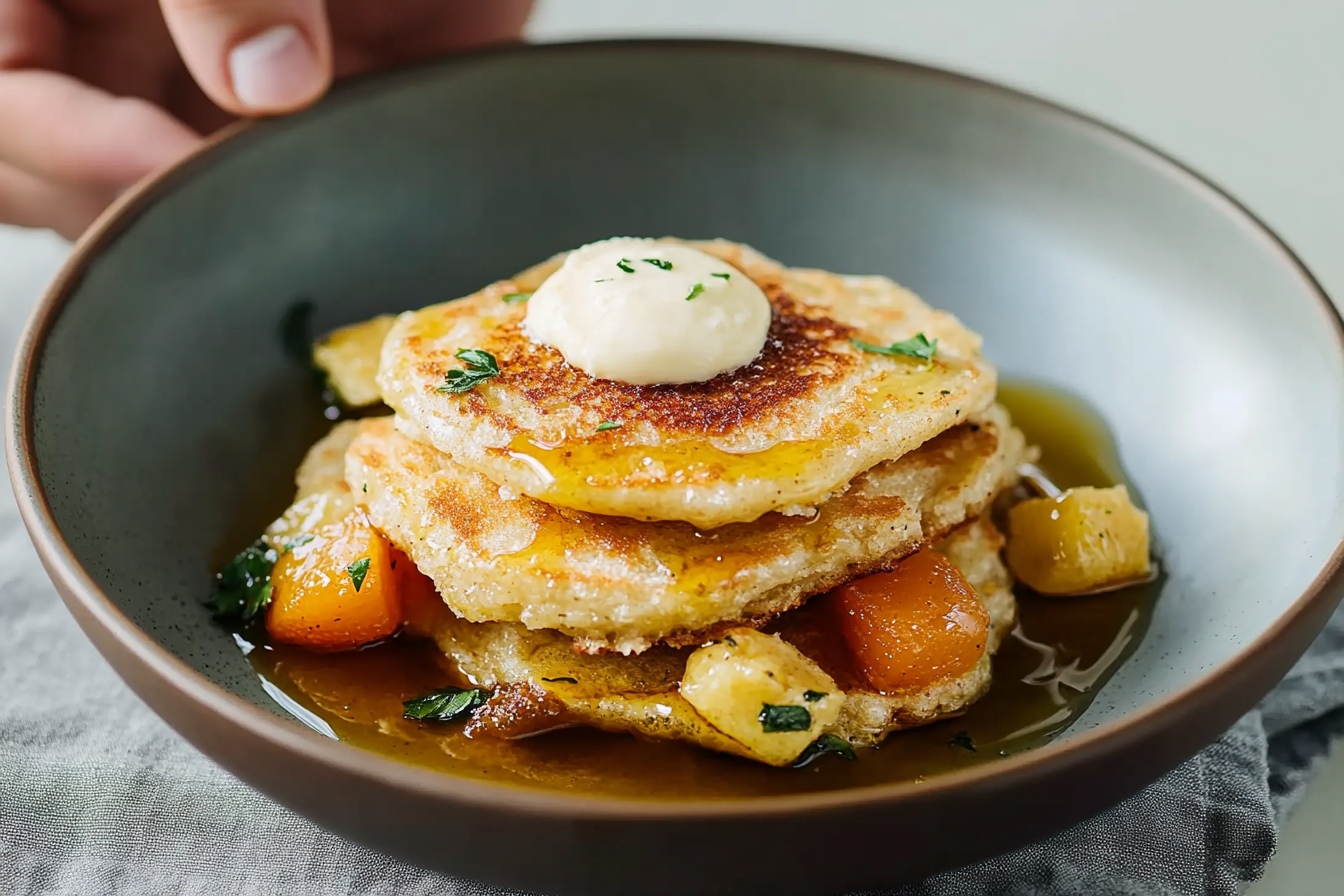 Fluffy Oatmeal Egg Pancakes served with fresh fruit and syrup for a healthy breakfast