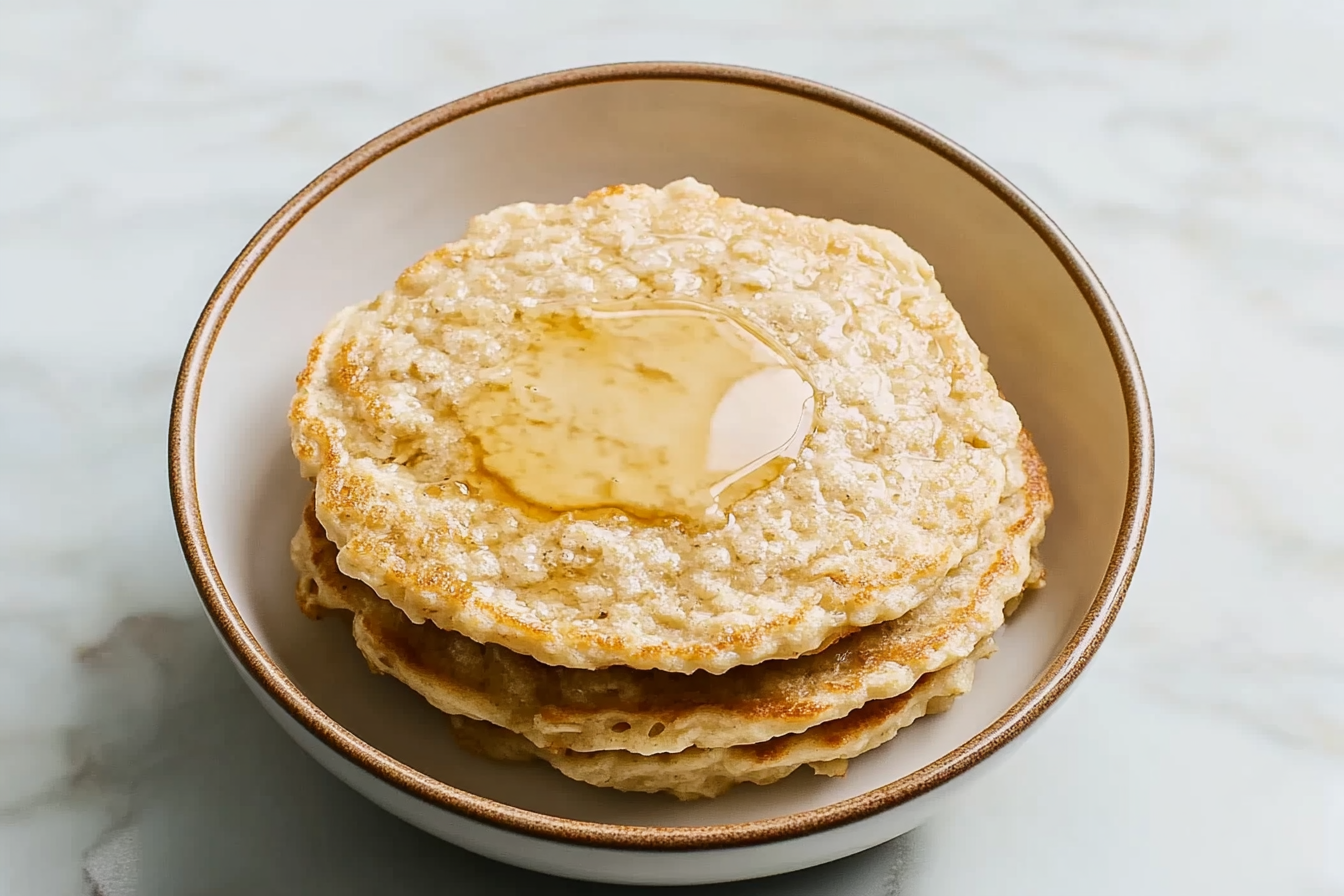 Fluffy Oatmeal Egg Pancakes served with fresh fruit and syrup for a healthy breakfast