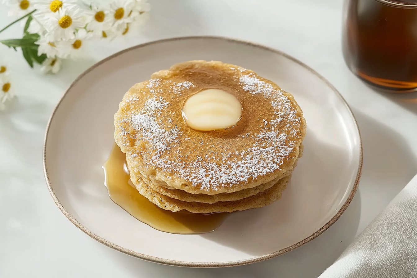 Fluffy Oatmeal Egg Pancakes served with fresh fruit and syrup for a healthy breakfast