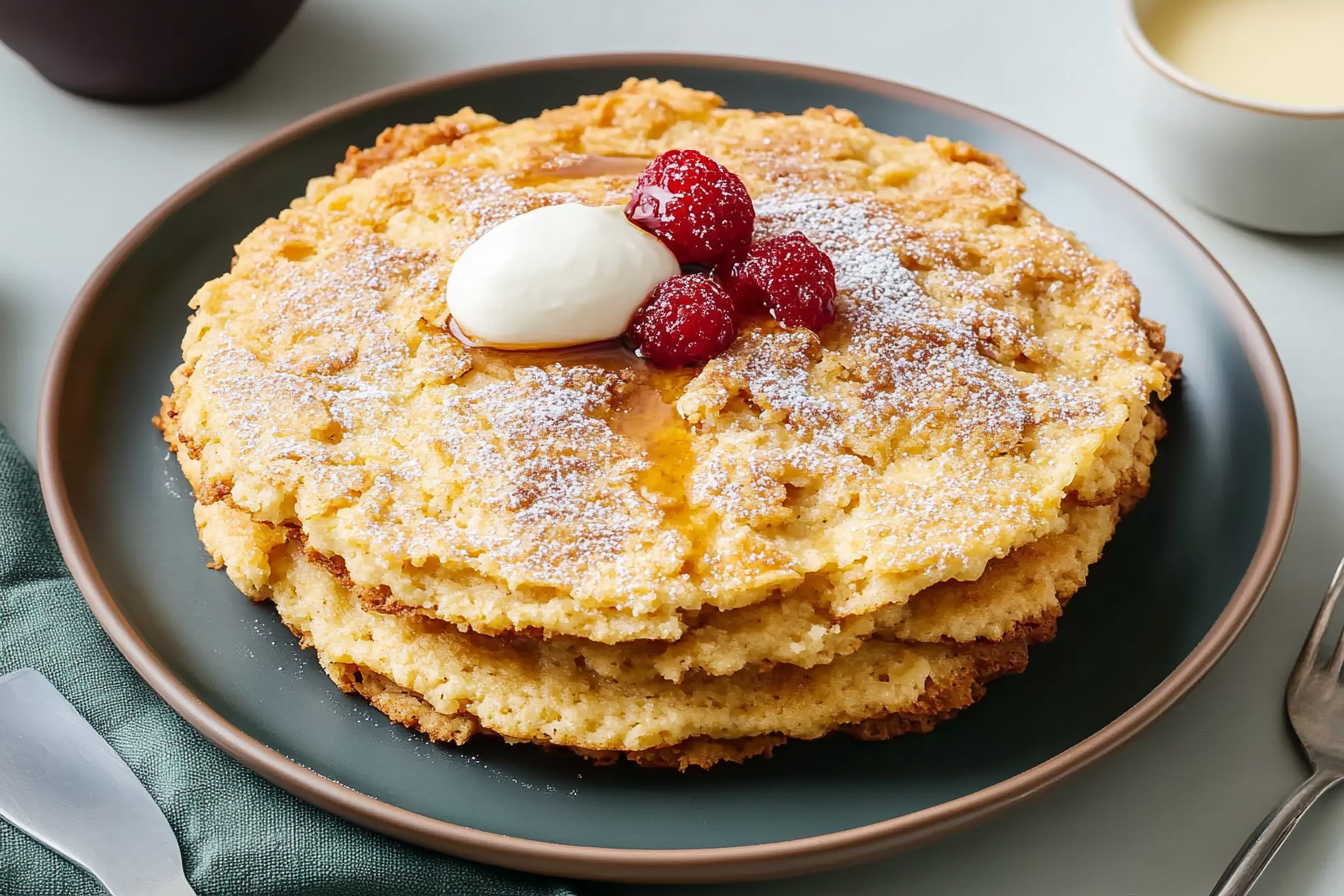 Fluffy Oatmeal Egg Pancakes served with fresh fruit and syrup for a healthy breakfast