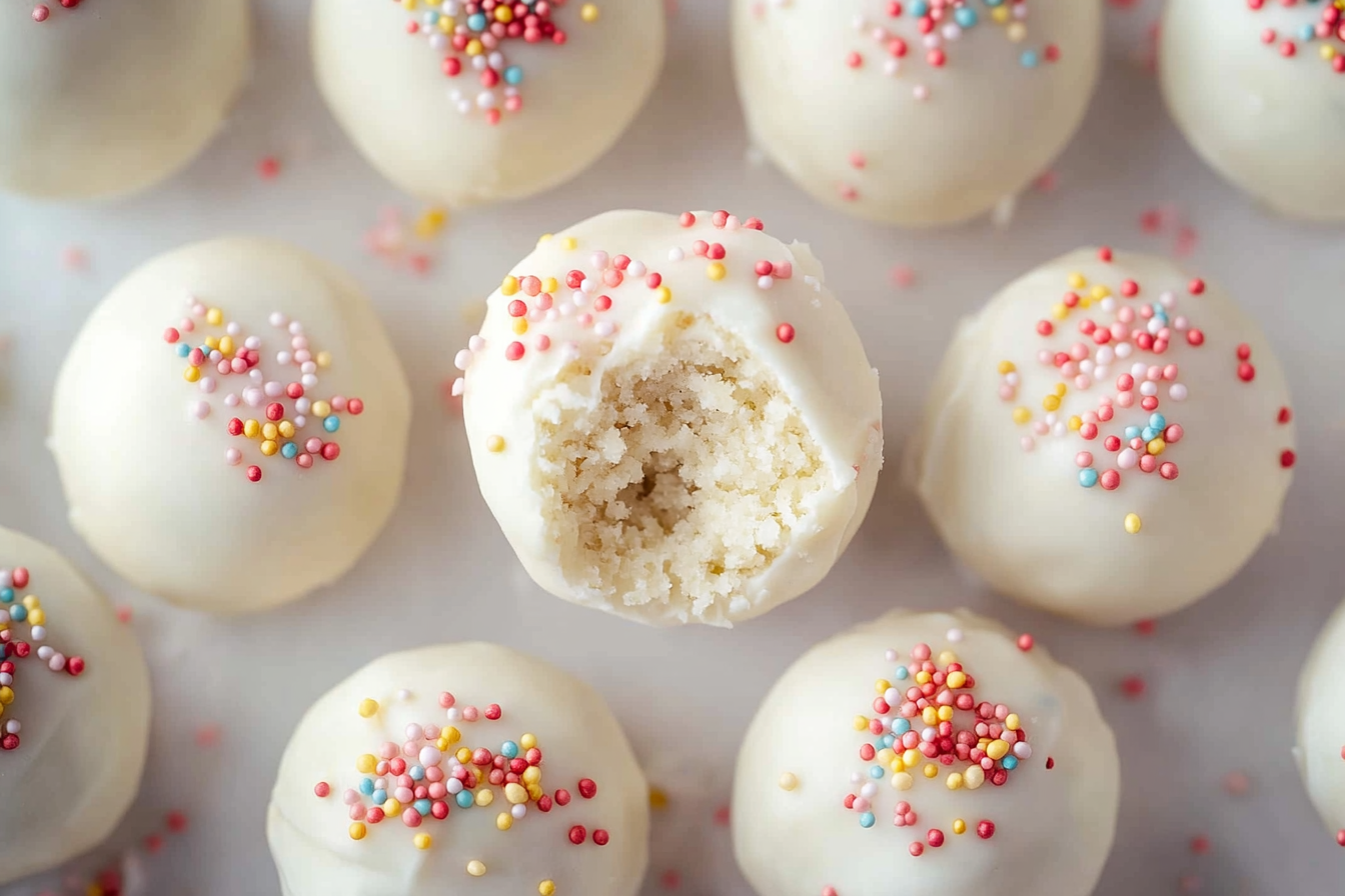 Homemade cake balls coated in chocolate with colorful sprinkles