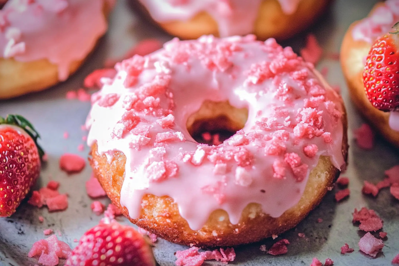 Strawberry cake donuts with glaze and fresh strawberries on top.