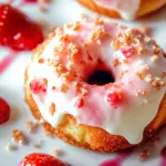 Strawberry cake donuts with glaze and fresh strawberries on top.