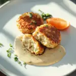 Crispy air fryer crab cakes served with remoulade sauce for dipping.