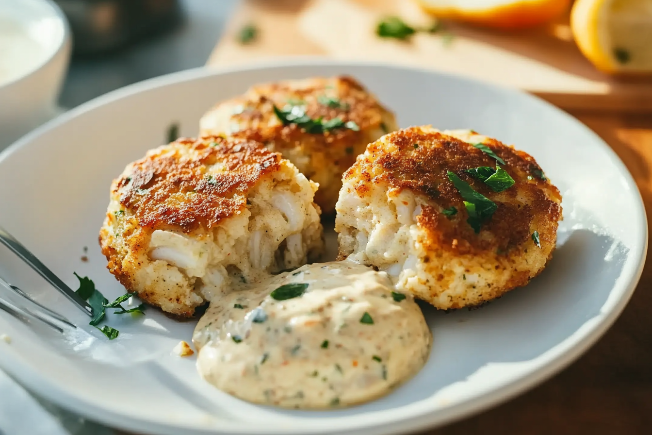 Crispy air fryer crab cakes served with remoulade sauce 