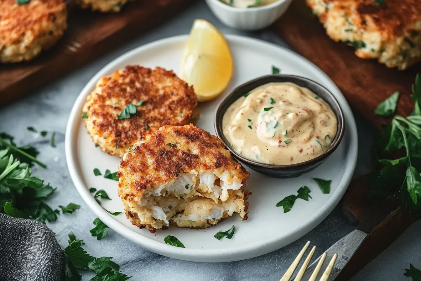 Crispy air fryer crab cakes served with remoulade sauce