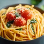 One-Pot Creamy Tomato Pasta topped with fresh basil and parmesan cheese.