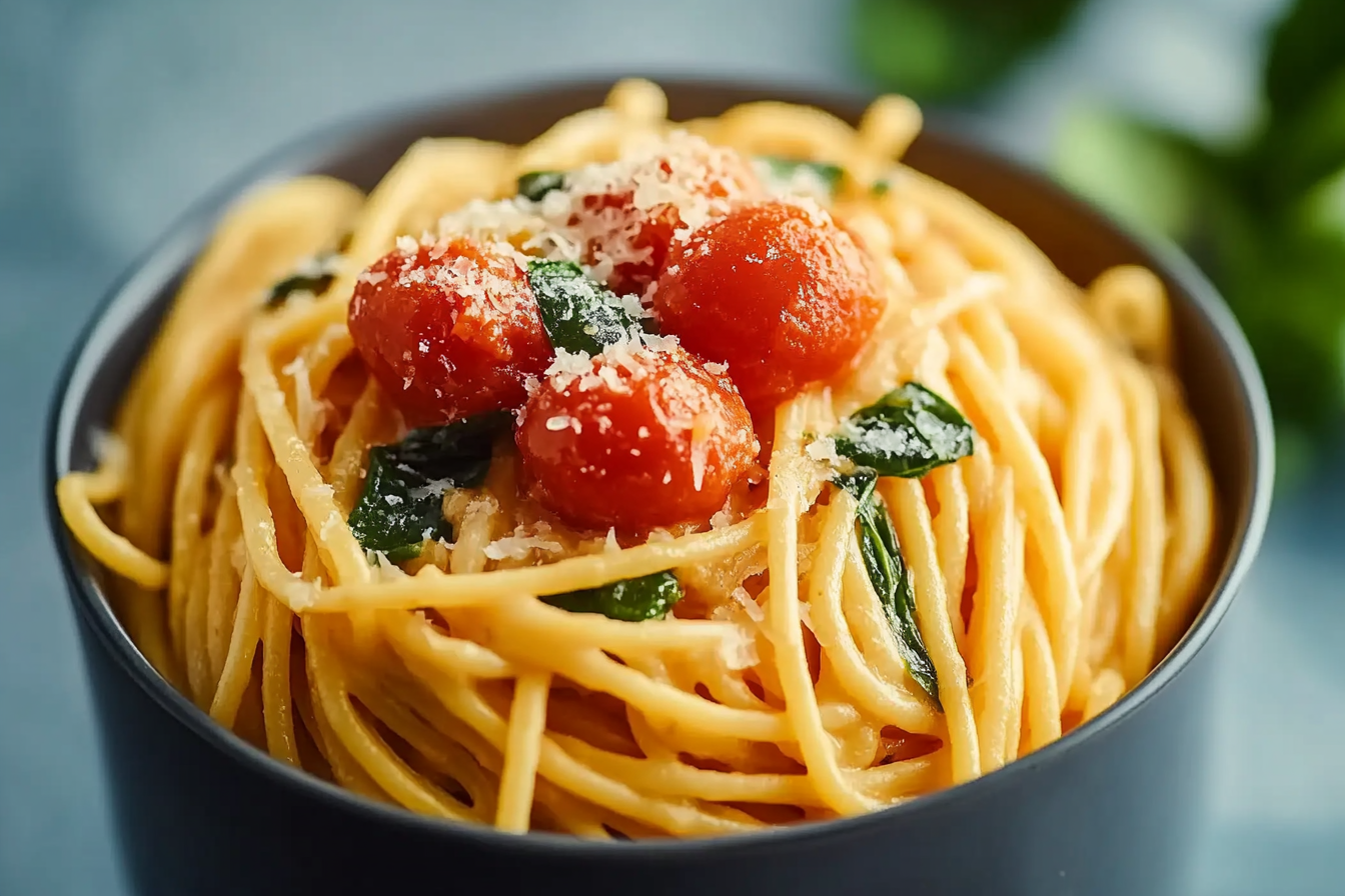 One-Pot Creamy Tomato Pasta topped with fresh basil and parmesan cheese.