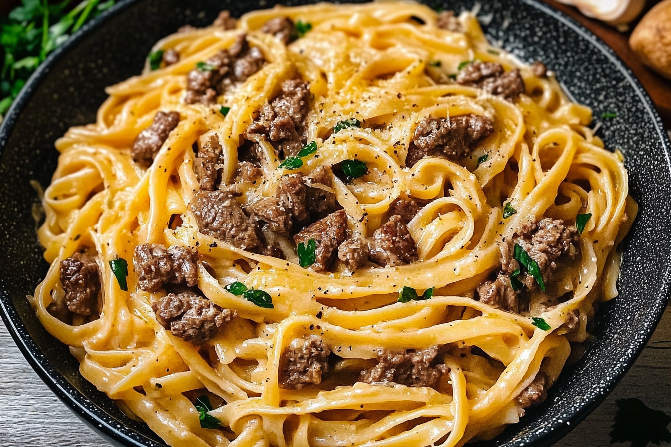 One-Pot Creamy Beef and Garlic Butter Pasta