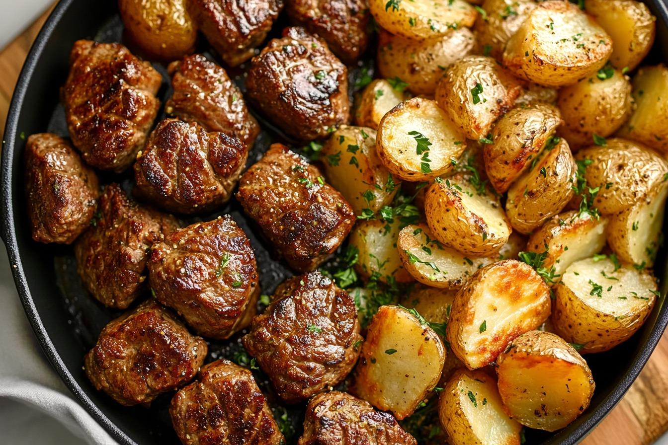 Garlic Butter Beef Bites & Potatoes
