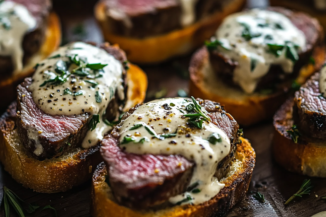 Beef Tenderloin Crostini with Parmesan Cream Sauce

