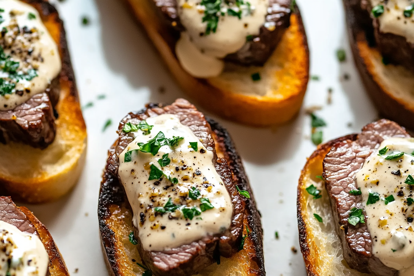 Beef Tenderloin Crostini with Parmesan Cream Sauce